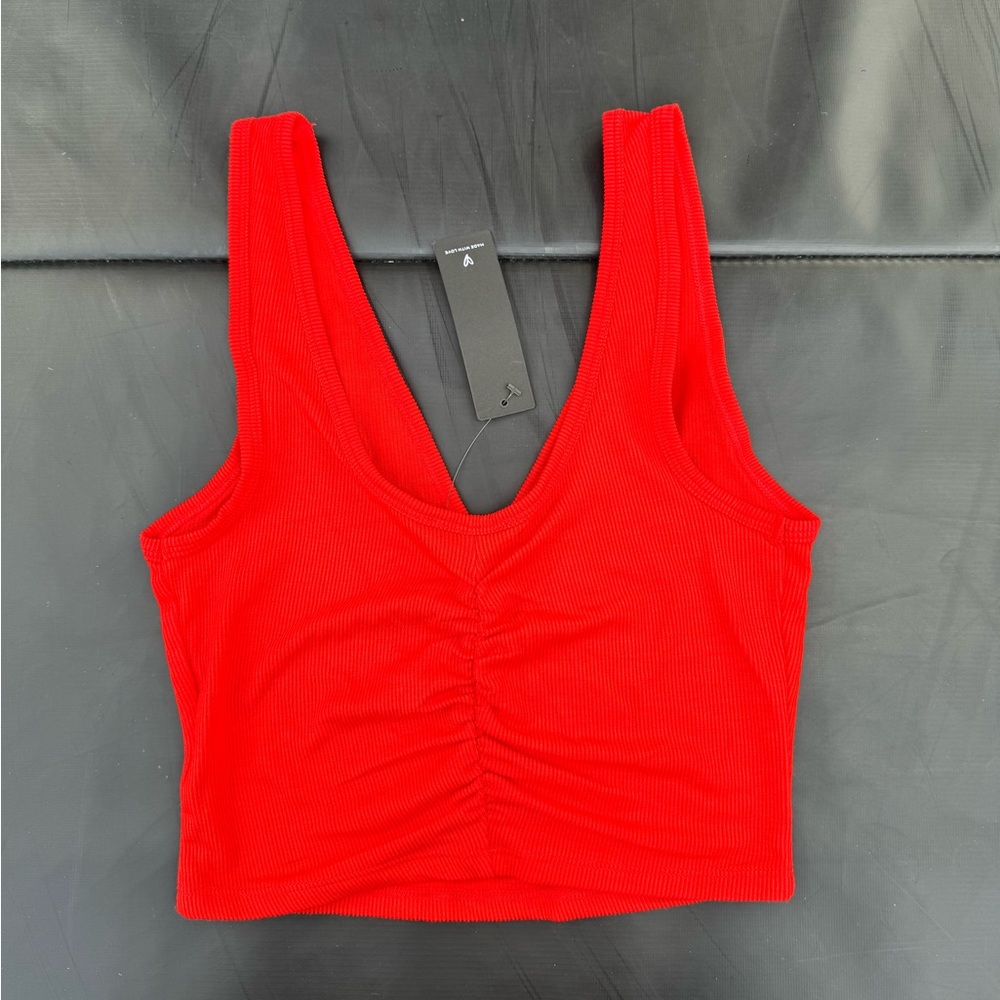 NWT LULUS Easygoing Excellence Red Ribbed Knit Ruched Tank Top coral small S - Picture 11 of 16